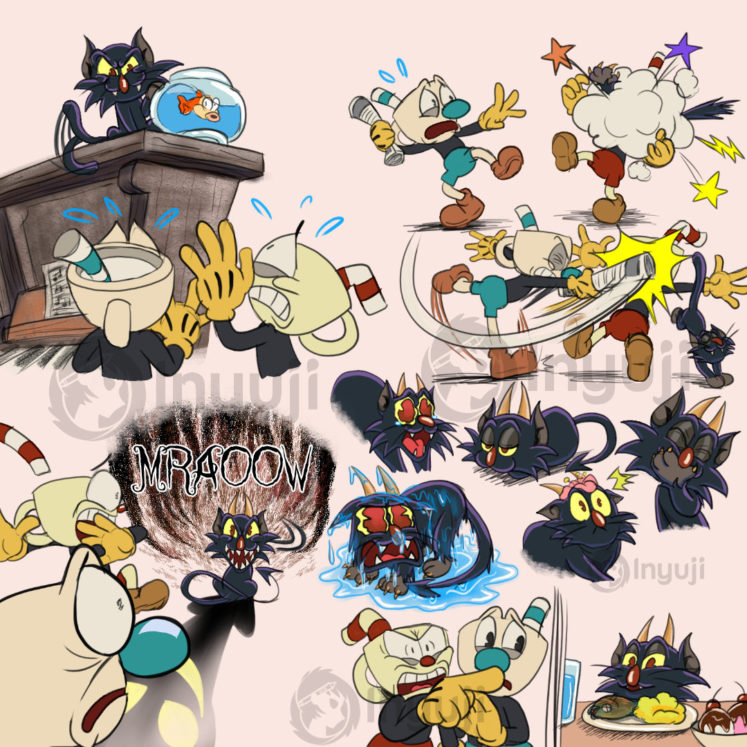 inyujidraws's tweet photo. some more #devilkitty messing with the boys. Now includes #catmemes. Thanx 2 every1 who was on stream yesterday #cupheadshow #cupheaddevil #cupheadandmugman https://t.co/Y0iozZbt8n