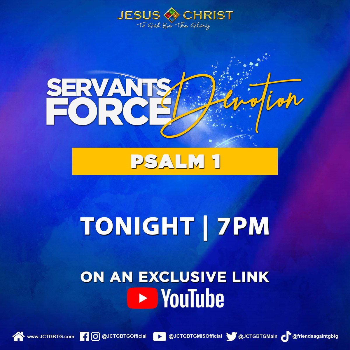 JCTGBTGMain's tweet photo. Don't miss our soul-enriching Servants Force Devotion with Admin Leslie and Elder Weily Santos tonight at 7pm via an exclusive YouTube link. We're set to begin the book of Psalms!
See you there! ππ
#JCtGbtgMain #JCTGBTG #JCtGbtgMainSFD #OnlineDevotion https://t.co/lC89c3PkSx