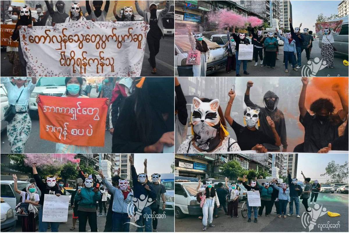 Today on International Women's Day, women in Yangon are holding poster such as "Revolutionary Blood's boiling,we our's Yangonee'' against military dictatorship.  #EndImpunityInMyanmar  #2022Mar8Coup #WhatsHappeningInMyanmar