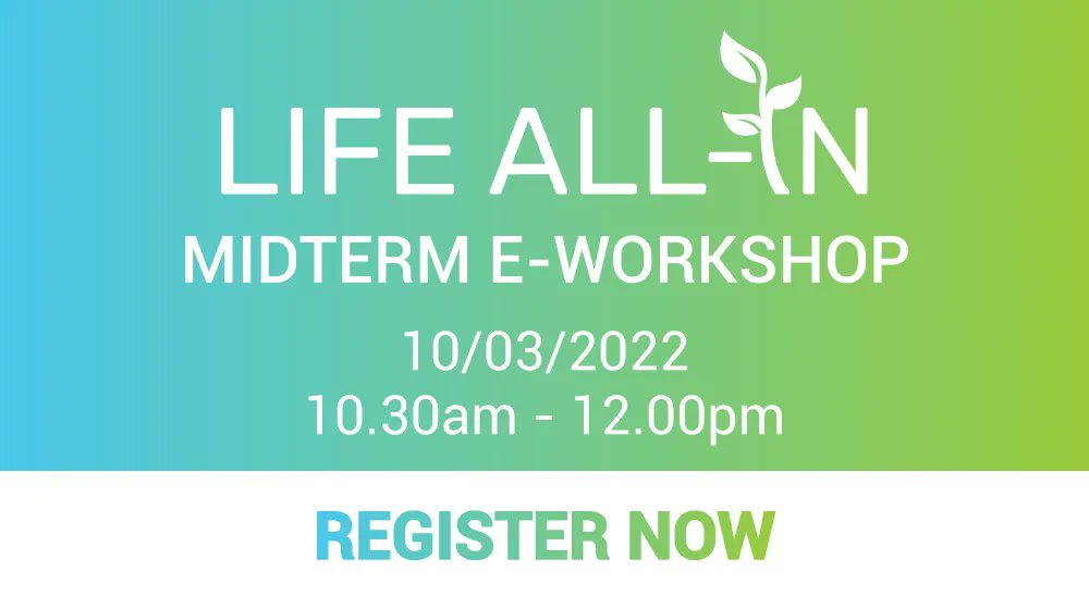 🔔 D-2 It's next Thursday!
Don't miss the LIFE ALL-IN midterm e-workshop, this Thursday in the morning. You will learn more about the project concept, results and expected impacts. 
To know more about the programme and  free register: buff.ly/3JNeDBf <a href="/LIFEprogramme/">LIFE Programme</a>
