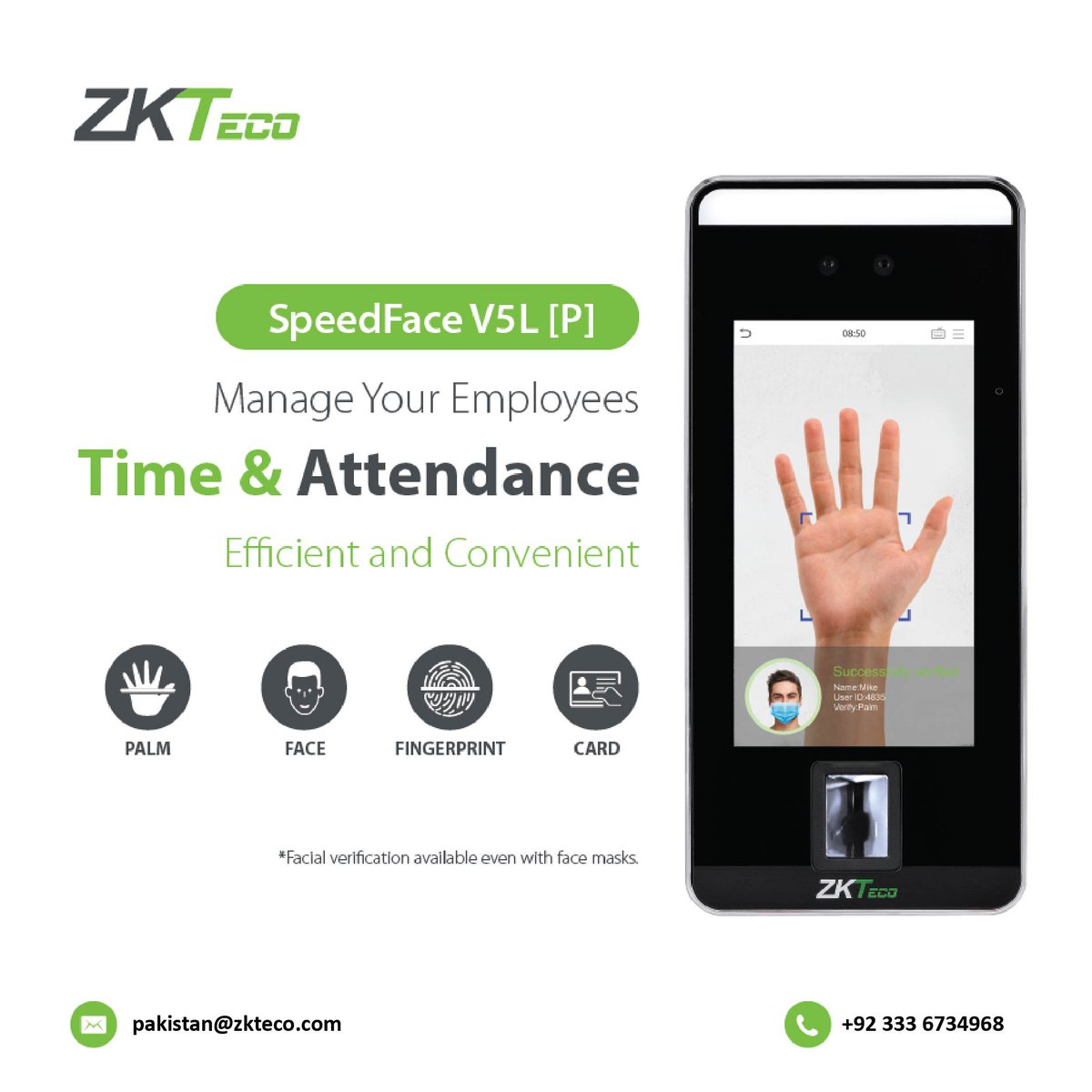 ZKTeco_Pakistan's tweet image. SpeedFace-V5L[P] is a face &amp;amp; palm verification terminal which adopts touchless recognition technology and masked individual identification.

Learn More: zkteco.com.pk/product_detail…

#ZKTeco #touchlessbiometrics #facialrecognition #palmrecognition #timeattendance #accesscontrol