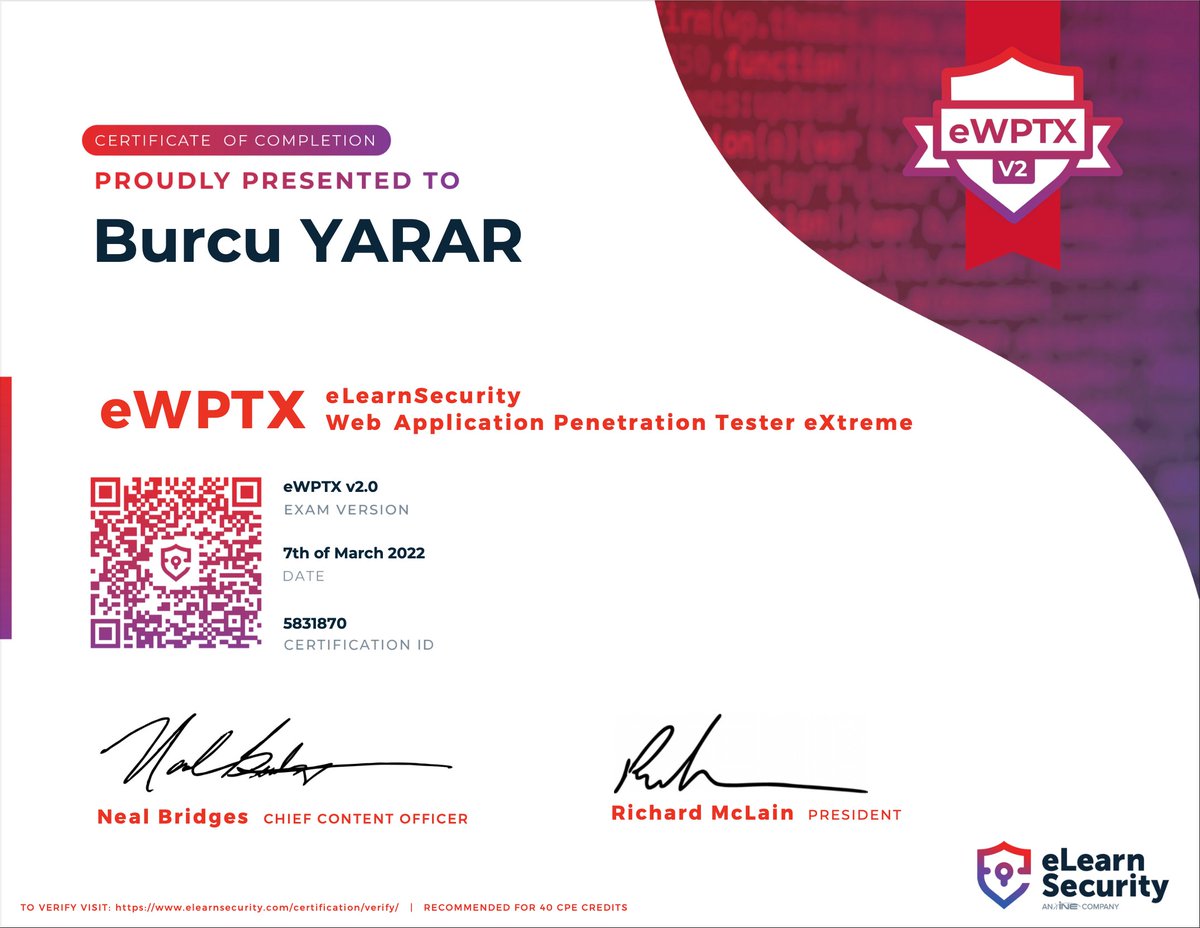 brcyrr's tweet image. Yeapp! One of the 2022 goals has been accomplished🌟🎯 Thanks @eLearnSecurity for this exciting challenge🥂 Now it's time to focus on the next goal👩🏻💻👻😈
#eWPTXv2 #eLearnSecurity #ine #WebAppSecurity #WebAppPentest #offsec