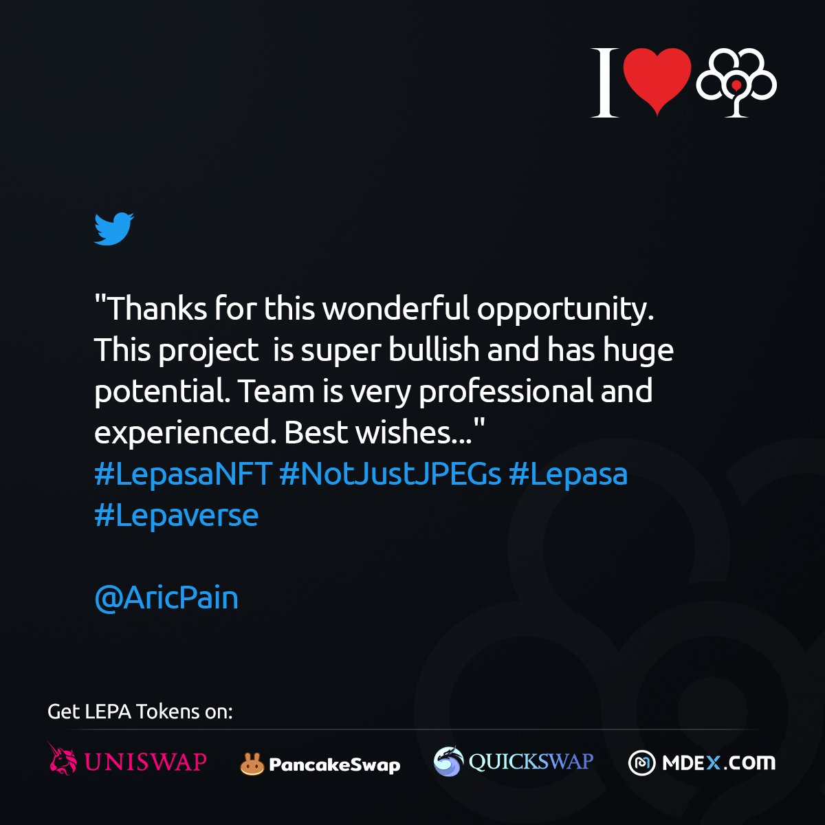 Lepasaorg's tweet photo. "Thanks for this wonderful opportunity. This project is super bullish and has huge potential. Team is very professional and experienced. Best wishes..."
#LepasaNFT #NotJustJPEGs #Lepaverse 

@AricPain 

#Lepasa ❤️ You

#1000xgem #NFT #NextGenNFTs #NFTCommunity #NFTProject https://t.co/cqTGLXaskU