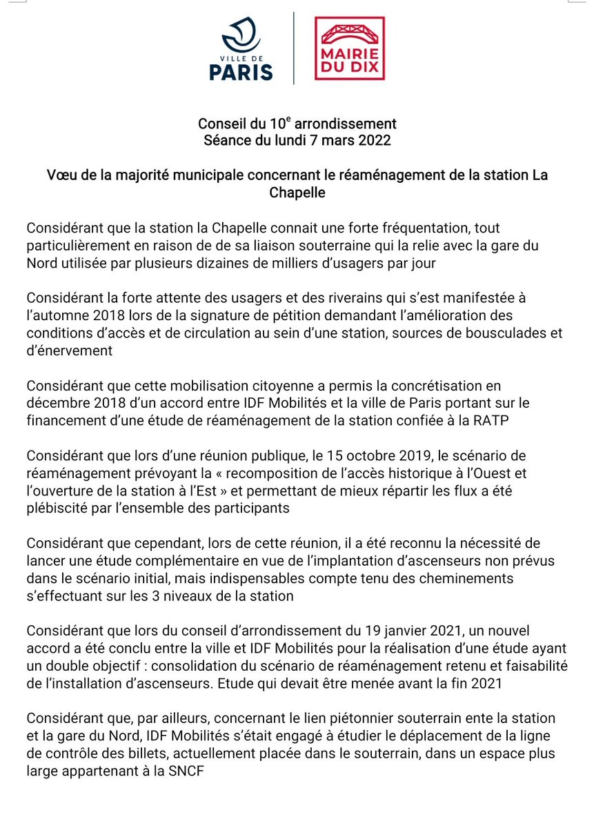 ElieJoussellin's tweet photo. En #CAParis10, j'ai porté un voeu de la majorité municipale pour demander le financement rapide par IDF Mobilités des études de financement pour la rénovation de la station La Chapelle, suite aux engagements pris il y a déjà un an. Le vœu a été adopté à l'unanimité ! https://t.co/HVT1xu9BOv