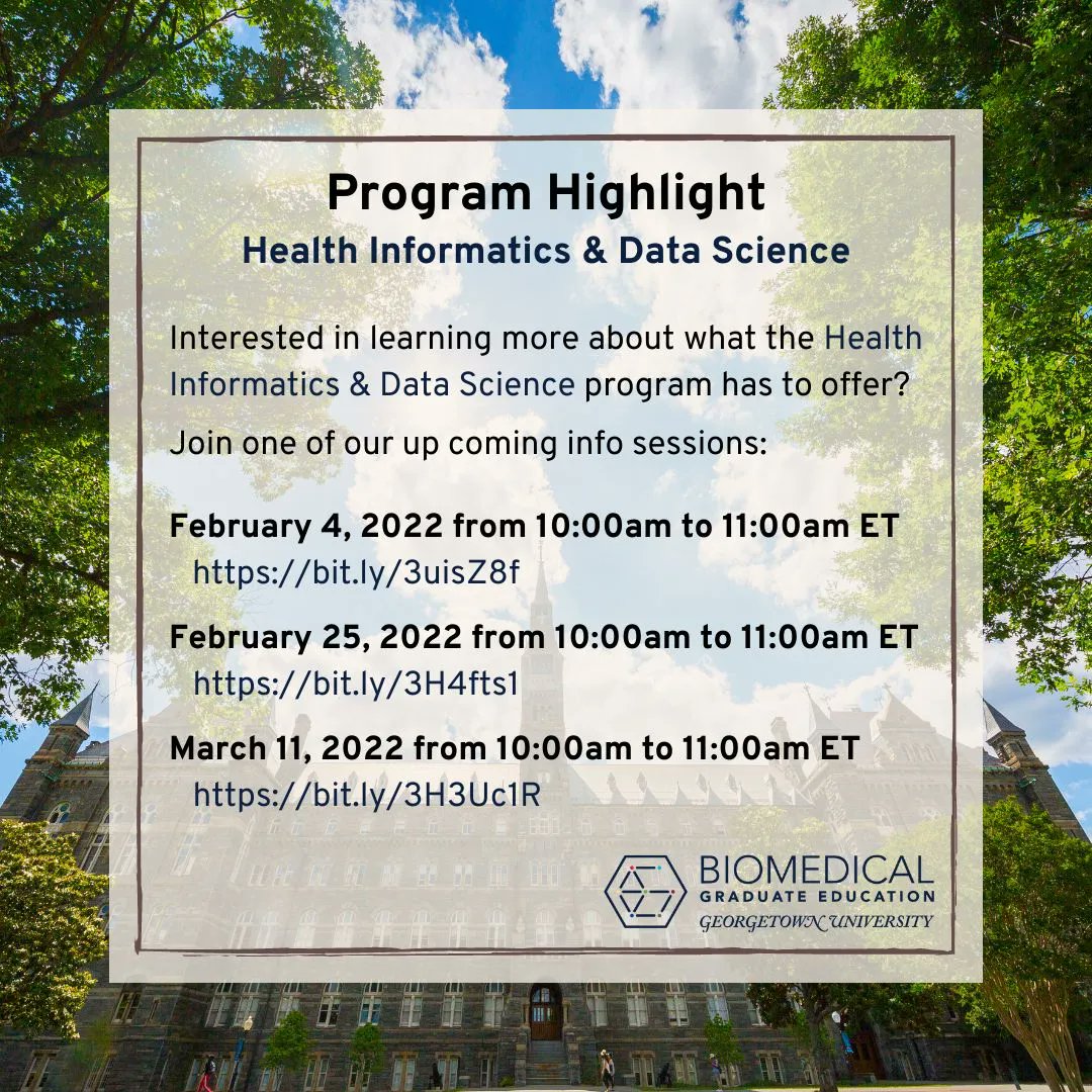 Georgetown Health Informatics & Data Science (@georgetown_hids) on Twitter photo The #HealthInformatics and #DataScience (HIDS) #Masters Program <a href="/Georgetown/">Georgetown University</a> University is offering a virtual information session.Come talk to us about how <a href="/biomedgrad/">BioMedGrad</a>'s HIDS program fits into your academic & professional goals. Date: March 11, 10:00 am EST buff.ly/3udvJDC The #HealthInformatics and #DataScience (HIDS) #Masters Program <a href="/Georgetown/">Georgetown University</a> University is offering a virtual information session.Come talk to us about how <a href="/biomedgrad/">BioMedGrad</a>'s HIDS program fits into your academic & professional goals. Date: March 11, 10:00 am EST buff.ly/3udvJDC