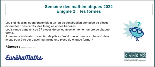 Dans le cadre de la #SemaineDesMaths 2022, <a href="/DefiEurekaMaths/">EurêkaMaths</a> diffuse #1enigmeparjour du lundi au vendredi.
Aujourd'hui, l'énigme 2 : les formes.
Avec <a href="/DefiEurekaMaths/">EurêkaMaths</a>, on recherche, on explique et on réussit ensemble !
<a href="/mathsenvie/">M@ths en-vie</a> <a href="/Apmep_Nat/">APMEP Nationale</a>
@eduscol_prim <a href="/LesMathsEnScene/">LES MATHS En SCENE #LMES</a>