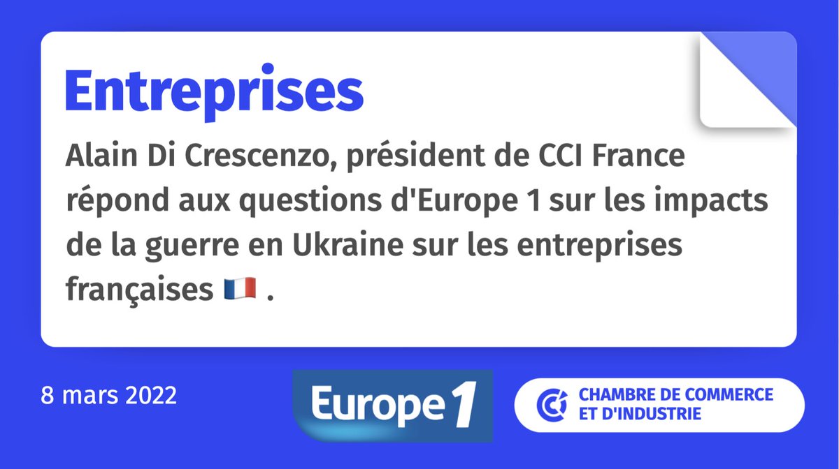 J'étais ce matin l'invité de @dimitripavlenko dans la matinale d'@Europe1 . 'Nous devons accompagner les #entreprises 🇫🇷 les plus touchées par la crise ukrainienne et accélérer notre #réindustrialisation'. À écouter 👉 bit.ly/3ClRu6m #Ukraine @Economie_Gouv #CCI