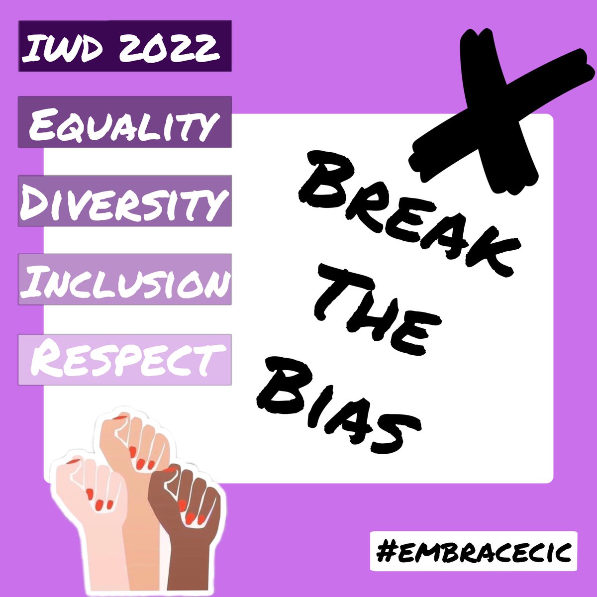 CicEmbrace's tweet image. Imagine a gender equal world 💜🌍.        A world free of bias, stereotypes, and discrimination 👊.  A world that is diverse, equitable, and inclusive.  A world where difference is valued and celebrated.  Together we can forge women's equality. #breakthebias #iwd2022 #embracecic