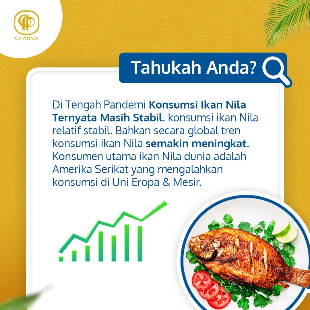 cpprima's tweet image. Tahukah Anda?

Ditengah Pandemi, Konsumsi Ikan Nila Ternyata Masih Stabil!!

Konsumsi ikan nila relatif stabil, bahkan secara global trend konsumsi ikan nila semakin meningkat.

Konsumen utama ikan nila dunia adalah Amerika Serikat yang mengalahkan konsumsi di Uni Eropa dan Mesir