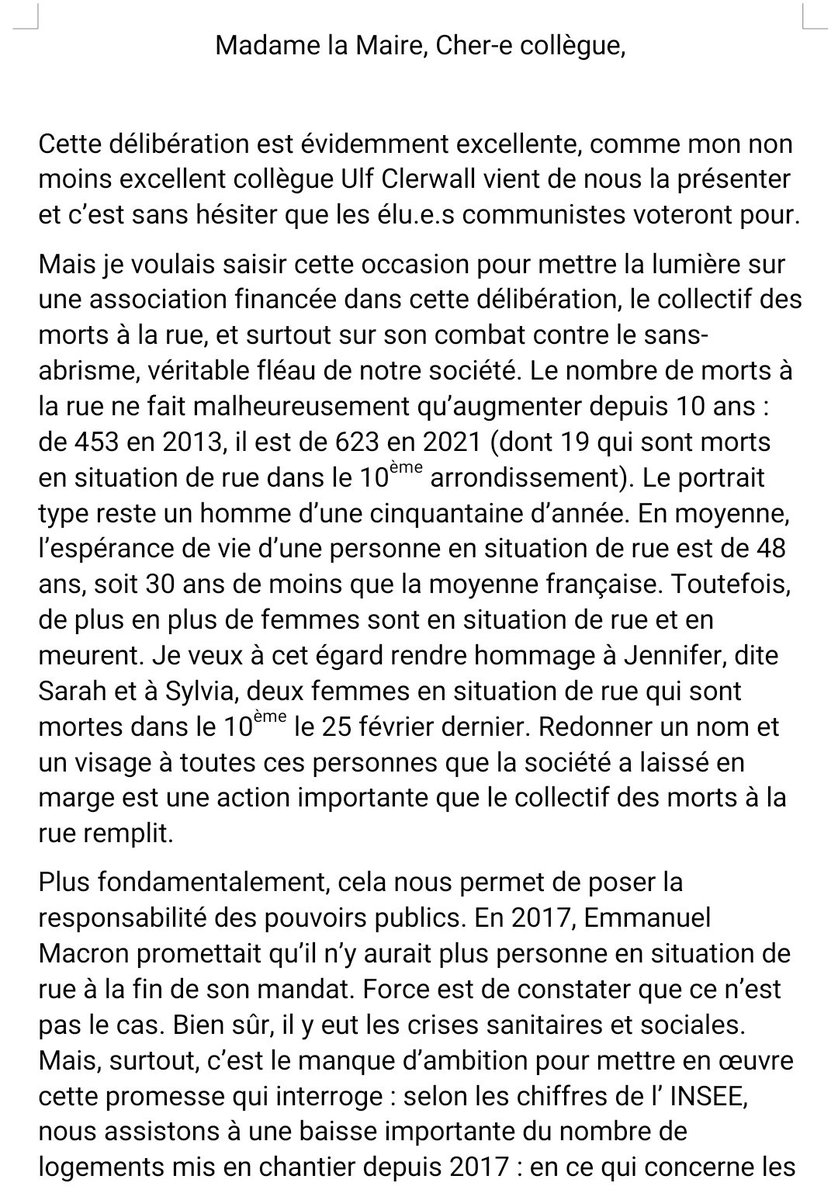 ElieJoussellin's tweet photo. Hier soir, en #CAParis10, j'ai tenu à mettre la lumière sur le collectif des morts à la rue &amp; sur son travail pour mettre un nom et un visage sur tous les morts en situation de rue.

Rdv le 15/03 pr l'hommage qui sera rendu au 623 morts à la rue de 2021. Nous ne les oublions pas. https://t.co/tMrWIDP1F5