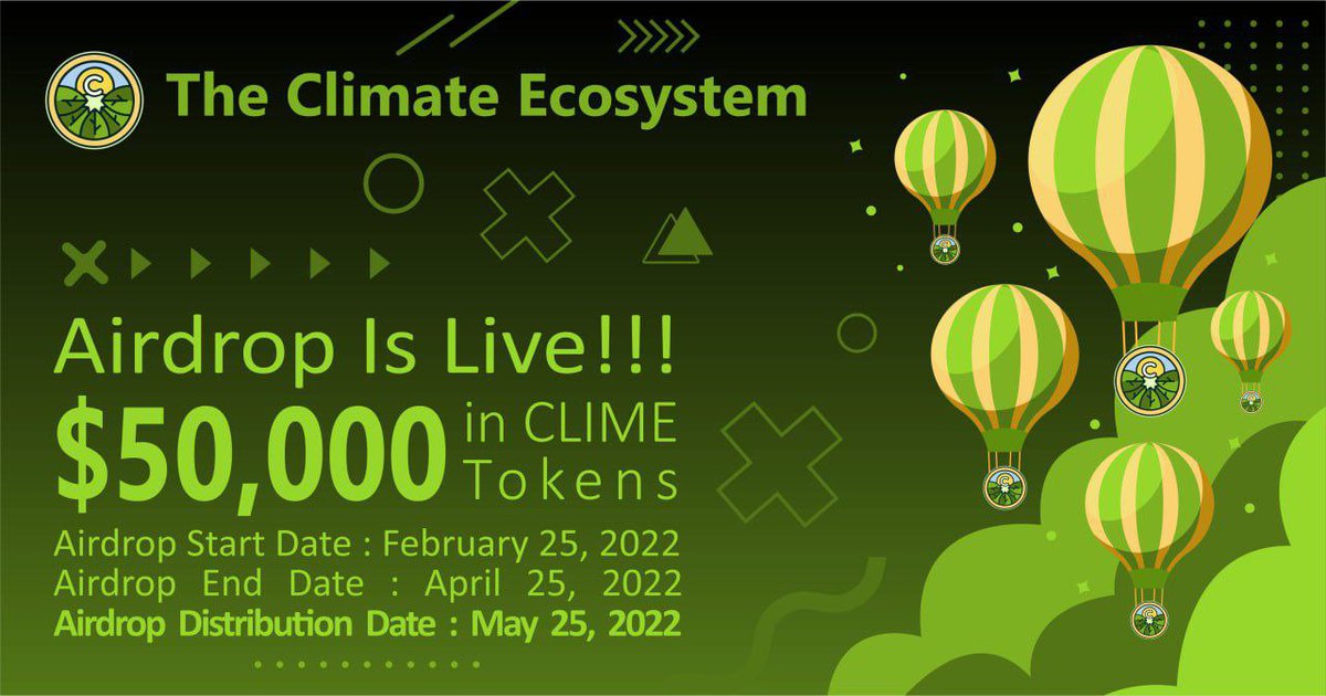 New Airdrop: The Clime Ecosystem
Value: $50,000 in Clime tokens
Reward: Clime tokens ($40)
Referral: Split $10,000 Clime token
Winners: 1000 Random
Distribution: 25th May, 2022

🔗 Airdrop Bot: t.me/Climefinance_b…

#Airdrop #Crypto #Bitcoin #BNB #AirdropAchiever #Clime