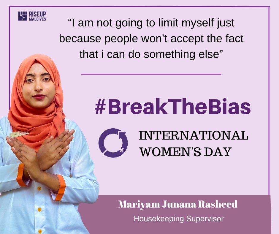 MvRiseUp's tweet photo. I was told that i would not get a job in the hotel industry because I wore hijab, today I am thriving in this industry. 

It’s the bias that women are told they shouldn’t work in the Hotel Industry. We should tackle such norms. All we need is an opportunity! #BreakTheBias #IWD https://t.co/14IjTEMQOX