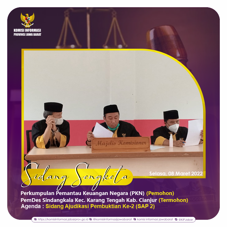 KIPJabar's tweet photo. Sidang Sengketa Informasi yang dilaksanakan di kantor Diskominfo Kab.Cianjur
Antara:
Perkumpulan Pemantau Keuangan Negara (PKN) sebagai Pemohon (Hadir) dengan PemDes Sindanglaka Kec Karang Tengah Kab Cianjur sebagai Termohon (tidak hadir) Pada Agenda Sidang  (SAP 2)
08 Maret 2022 https://t.co/UEO7U92yiV
