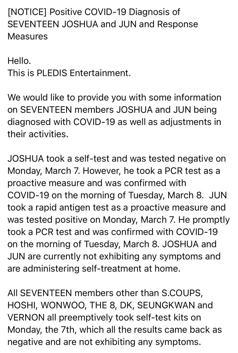 caratmoments's tweet photo. [#CARATNEWSUPDATE] 
ทางค่ายเพลดิสออกมาประกาศเพิ่มเติมว่า #SEVENTEEN #JOSHUA และ #JUN ได้เข้าตรวจPCR ไปเมื่อวันที่7มี.ค.และผลออกมาเมื่อเช้าพบว่าเป็นบวกค่ะ ตอนนี้ทั้งสองคนกำลังอยู่ในระหว่างการกักตัวที่บ้านซึ่งจะทำให้ไม่สามารถร่วมกิจกรรมและงานต่างๆที่จะเกิดขึ้นในช่วงนี้ได้ค่ะ https://t.co/vHRLONkpkK