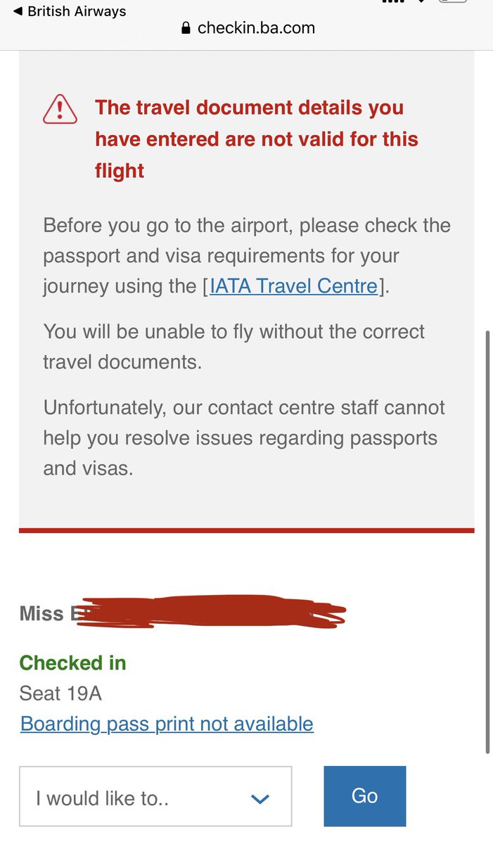 LilyAlice8's tweet photo. This is the error, checked in but can’t get boarding pass as my old passport details are on the booking, even though I added the new ones in APIS about a week ago??! https://t.co/CMyprEfq1e