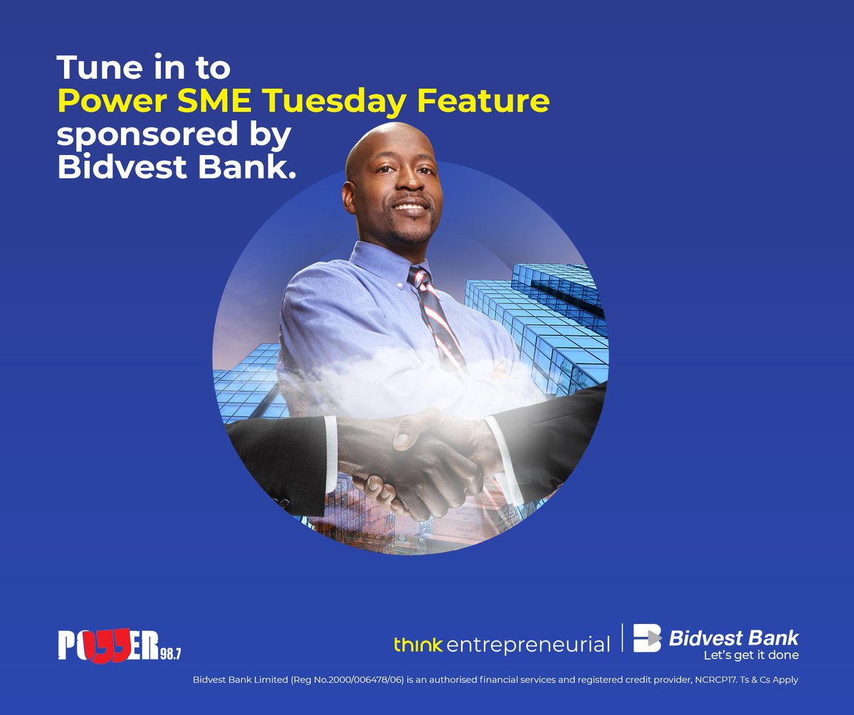 Powerfm987's tweet photo. Sponsored
Bidvest Bank cares about the success of your business! 
Tune into #POWERTuesday from 19:00, to learn more about the right types of solutions they offer to solve your business challenges. Tune in! #ThinkEntrepreneurial https://t.co/NI0BOGOgqm