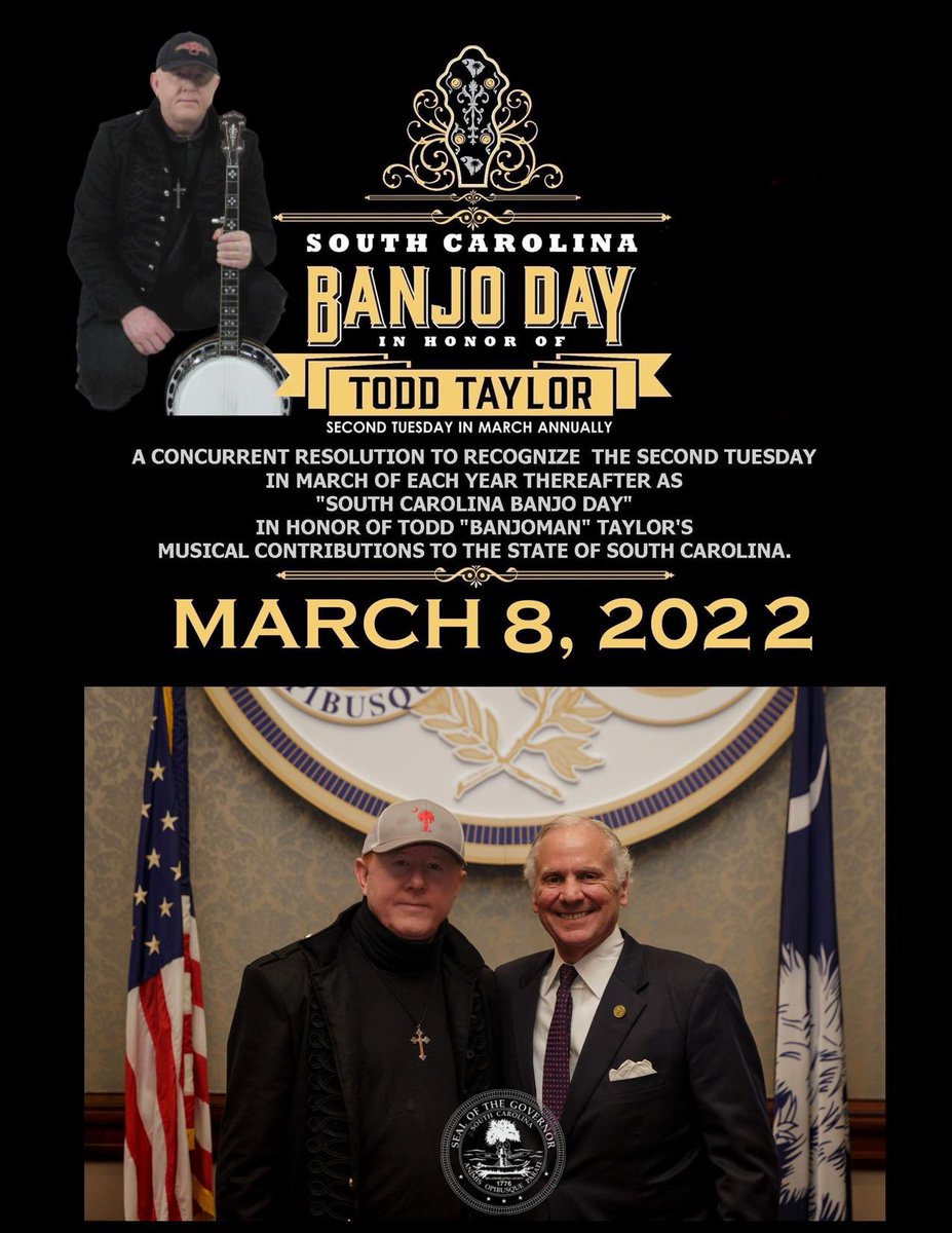 TheRealCWN's tweet photo. Today is South Carolina Banjo Day.

A CONCURRENT RESOLUTION TO RECOGNIZE THE SECOND TUESDAY IN MARCH OF EACH YEAR THEREAFTER AS "SOUTH CAROLINA BANJO DAY" IN HONOR OF TODD "BANJOMAN" TAYLOR'S MUSICAL CONTRIBUTIONS TO THE STATE OF SOUTH CAROLINA. https://t.co/Ni0XRO2KSo
