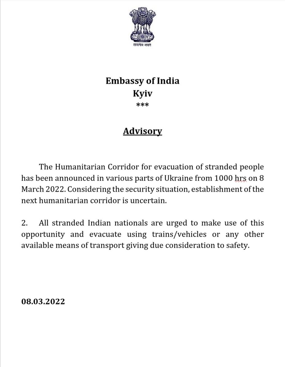 ADVISORY TO INDIAN NATIONALS IN UKRAINE. 
<a href="/MEAIndia/">Randhir Jaiswal</a> <a href="/DDNewslive/">DD News</a> <a href="/DDNational/">Doordarshan National दूरदर्शन नेशनल</a> <a href="/PIB_India/">PIB India</a> <a href="/PIBHindi/">पीआईबी हिंदी</a> <a href="/IndianDiplomacy/">Indian Diplomacy</a>