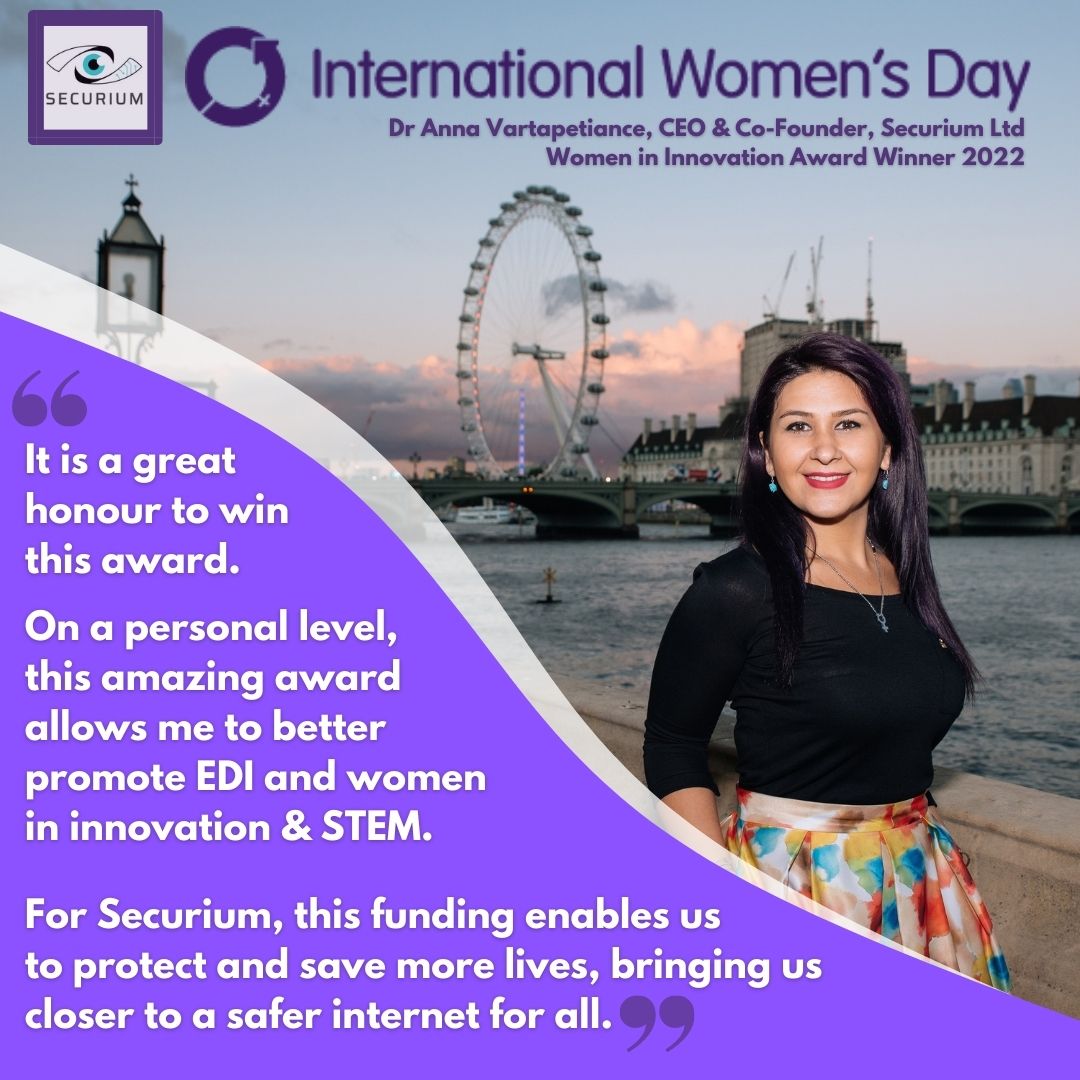 This one is extra special for me. I am happy (a little teary-eyed), excited, and honoured to have won the amazing Women in Innovation Award. #IWD2022, #WomenInInnovation, #FemaleEntrepreneur, #BusinessInnovation, #SafetyTech #breakthebias <a href="/SecuriumLTD/">Securium</a> <a href="/innovateuk/">Innovate UK</a> @KTNUK <a href="/SurreyRP/">Surrey Research Park</a>
