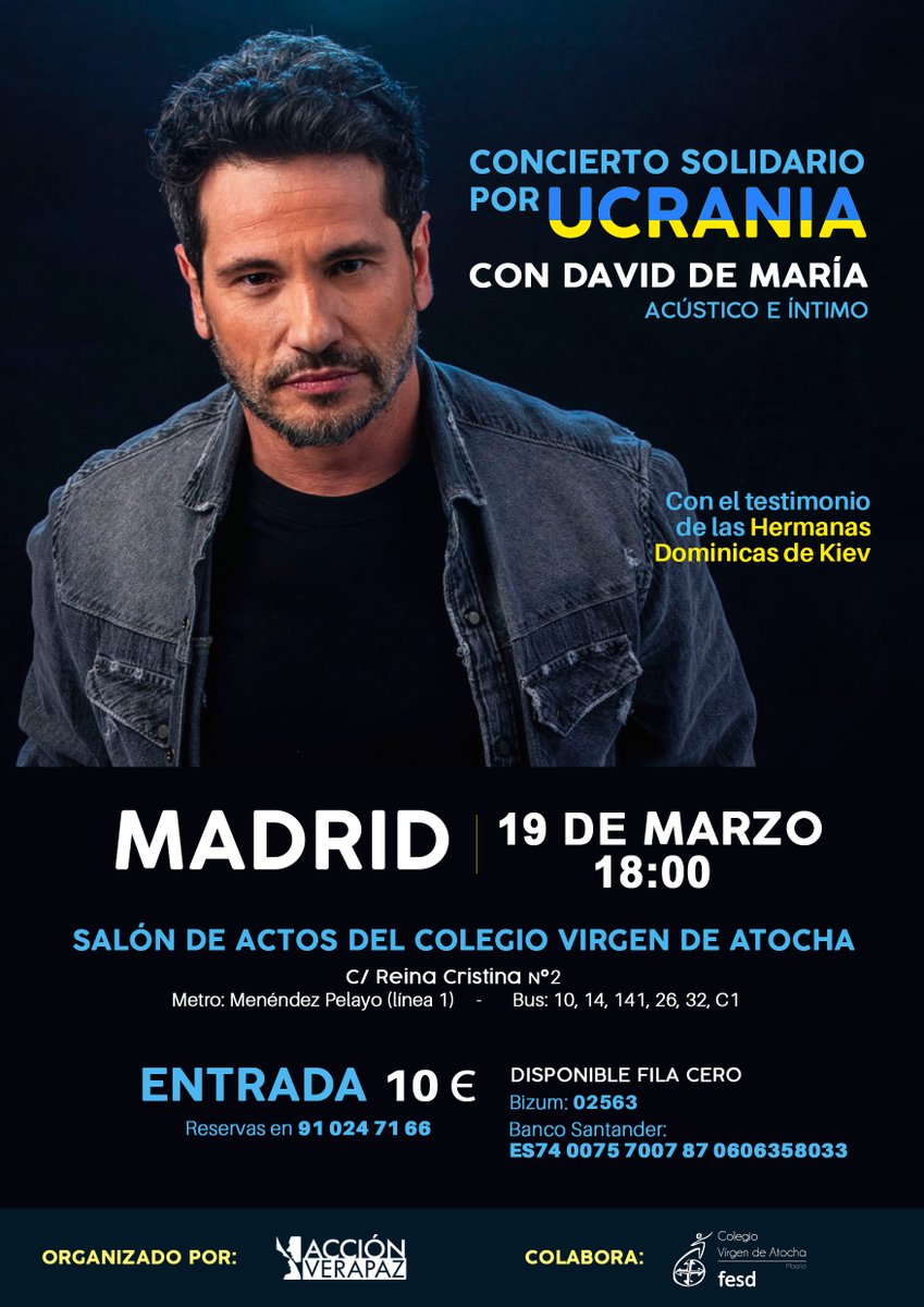 VirgendeAtocha's tweet photo. En colaboración con Acción Verapaz, el próximo 19 de marzo organizamos un concierto solidario por Ucrania. Formas de colaborar: comprar una entrada cuyo importe irá íntegro a esta causa o participar en una fila 0 (pago por Bizum o transferencia). #cvatochasemueve #somosfesd https://t.co/7Xh4c91rCG