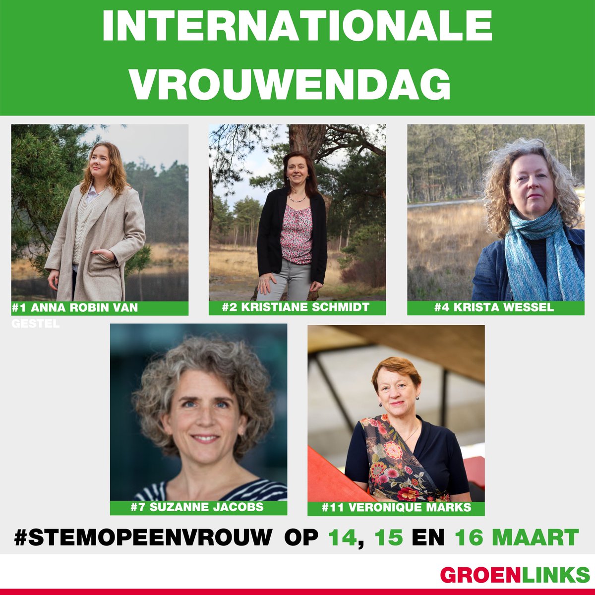 Fijne internationale vrouwendag! 💚
Dit zijn onze vrouwelijke kandidaat-raadsleden. #stemopeenvrouw op 14, 15 of 16 maart voor een representatieve gemeenteraad. 🗳

#stemgroenlinks #internationalevrouwendag #gemeenteraadsverkiezingen
