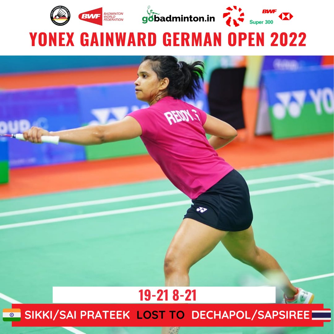 gobadminton's tweet photo. #GermanOpenSuper300 

A new beginning in the XDs for @sikkireddy with a closely fought opening came against the top seeds. Was always a tough contest for the new pair of Sikki/Sai Prateek against the Thai powerhouse pair.

19-21 8-21

#IndianBadminton #GermanOpen2022 https://t.co/w3YNzlj3IB