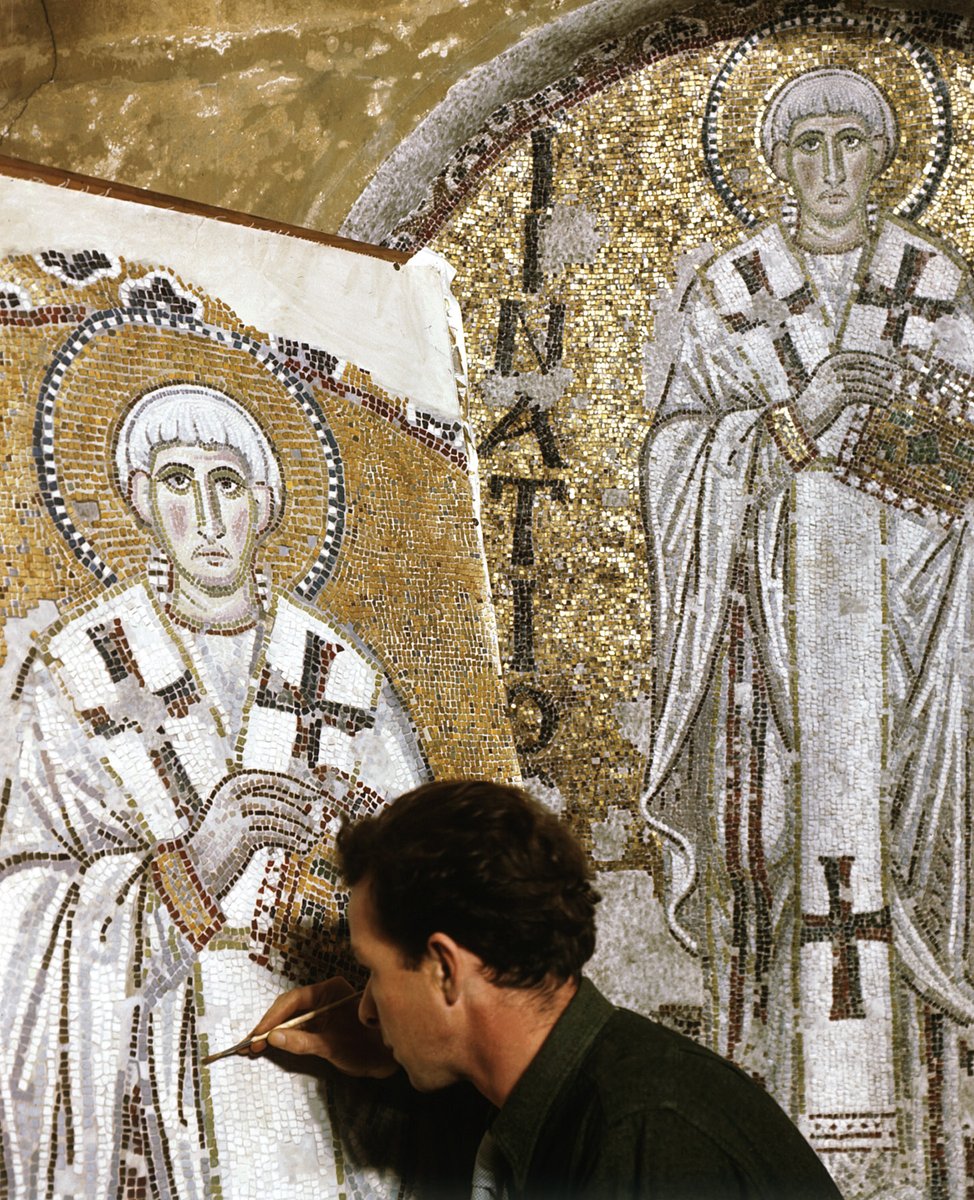 Artist painting a copy of the Ignatius the Younger mosaic, Hagia Sophia, 1960's. Collection &amp; Credit <a href="/DumbartonOaks/">Dumbarton Oaks</a>