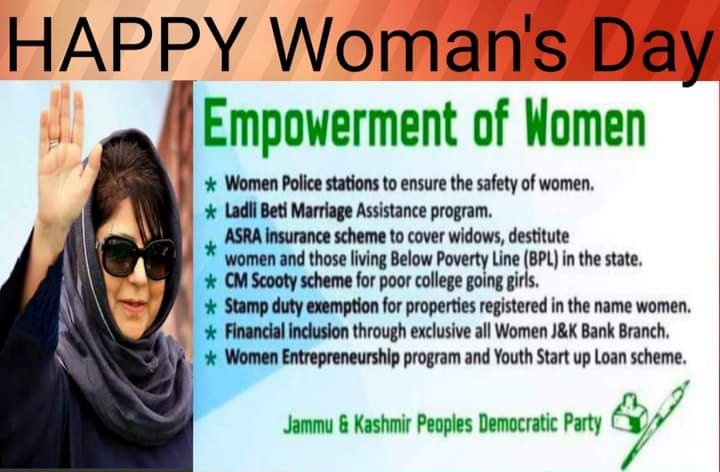 PdpRajouri's tweet photo. Happy women's day
@MehboobaMufti 
@jkpdp 
@YouthJKPDP 
@MissionPDP 
@PDP_Media 
@MediaCellPDP https://t.co/VQ69kWGS56