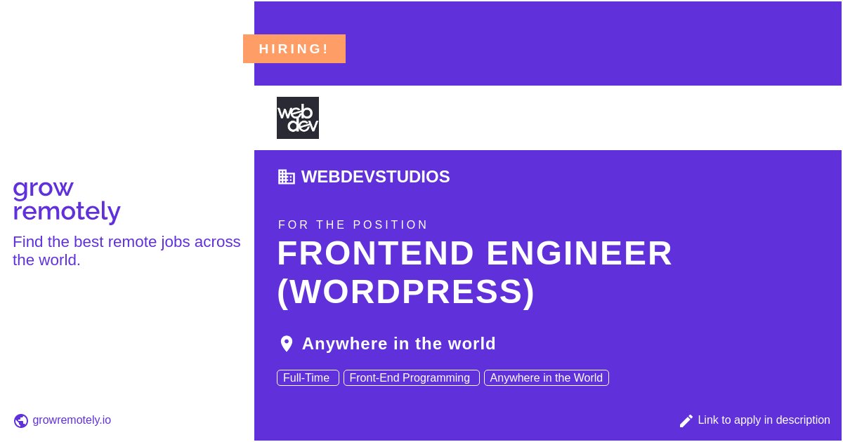 growremotelyio's tweet image. Check out this job at WebDevStudios for the position Frontend Engineer (WordPress).

 Apply link: growremotely.io/?id=62269d1b06…

#hiring #remotejobs #WebDevStudios #Frontend