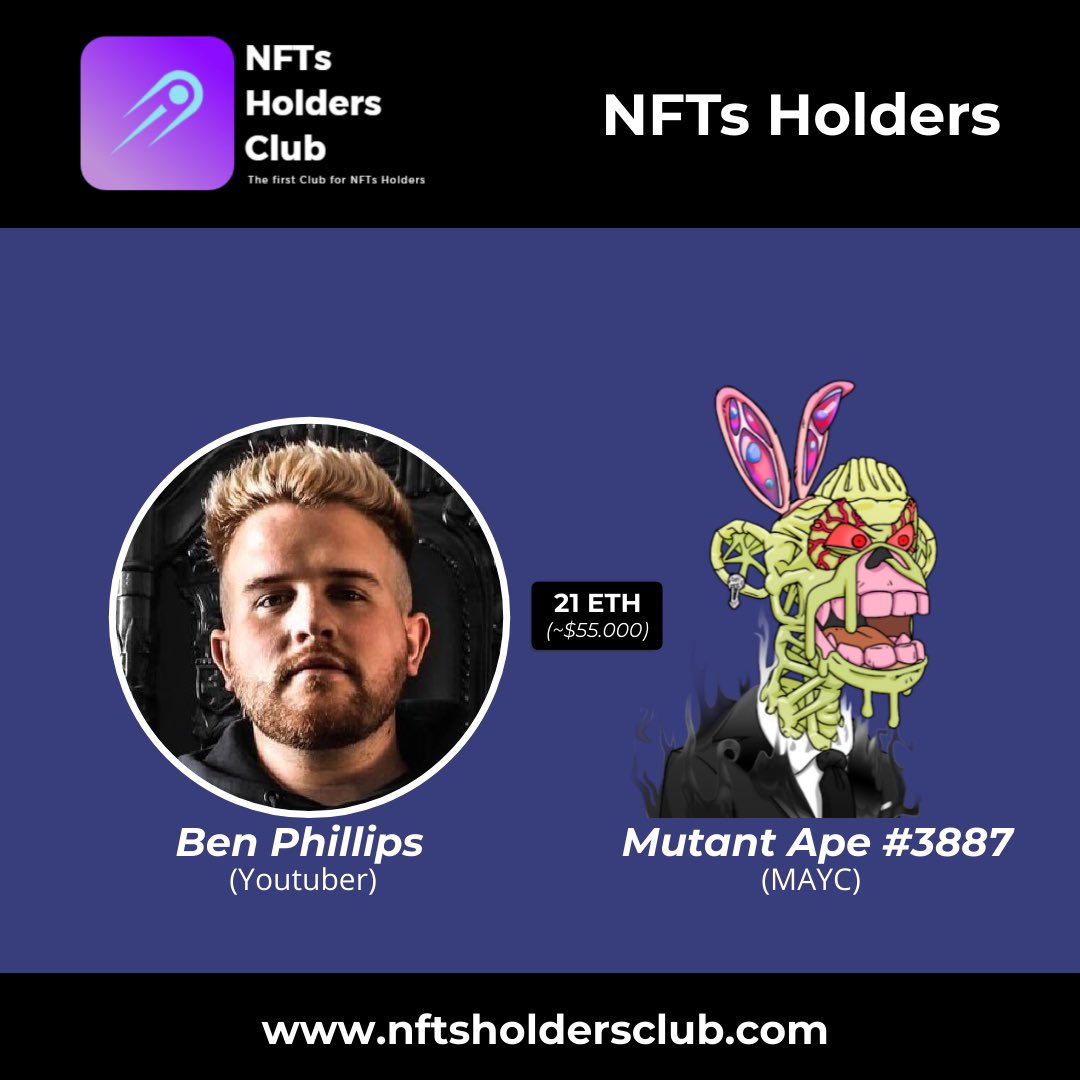 nftsholdersclub's tweet photo. Ben Phillips (@benphillips) is the Holder of the Mutant Ape #3887 of the #MutantApeYachtClub collection.
He bought it for 21 ETH (~$ 55.000) in January 2022.

@BoredApeYC #nft #nfts #benphillips #BoredApeYC https://t.co/RNiALsqjNV
