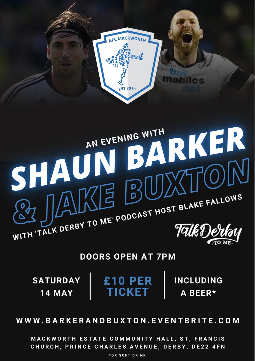 AFC Mackworth (@afcmackworth) on Twitter photo 🚨 𝗕𝗥𝗘𝗔𝗞𝗜𝗡𝗚 𝗡𝗘𝗪𝗦 🚨
We’re delighted to announce ‘An evening with #dcfc legends <a href="/barks5/">Shaun Barker</a> & Jake Buxton’ 🎙
Get your tickets now! When they’re gone, they’re gone 🎟👉 ow.ly/lUYu30scPpW
#dcfcfans 🚨 𝗕𝗥𝗘𝗔𝗞𝗜𝗡𝗚 𝗡𝗘𝗪𝗦 🚨
We’re delighted to announce ‘An evening with #dcfc legends <a href="/barks5/">Shaun Barker</a> & Jake Buxton’ 🎙
Get your tickets now! When they’re gone, they’re gone 🎟👉 ow.ly/lUYu30scPpW
#dcfcfans