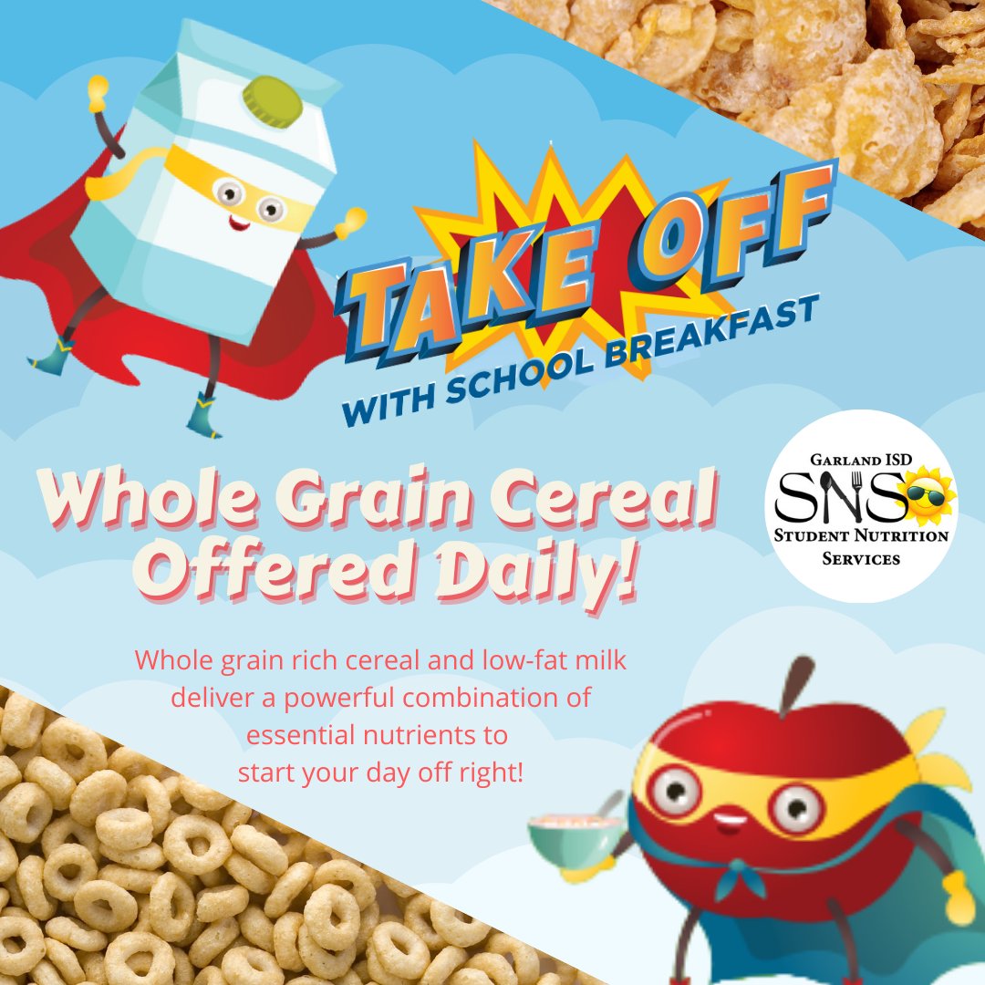 gisdnutrition's tweet photo. #Takeoff with the perfect pairing of whole grain cereal and ice cold milk! Did you know that students who eat breakfast have better concentration and memory throughout the day? #NSBW22 #theGISDeffect #benefitsofbreakfast #fuelupfillup https://t.co/cQiRfs5POG