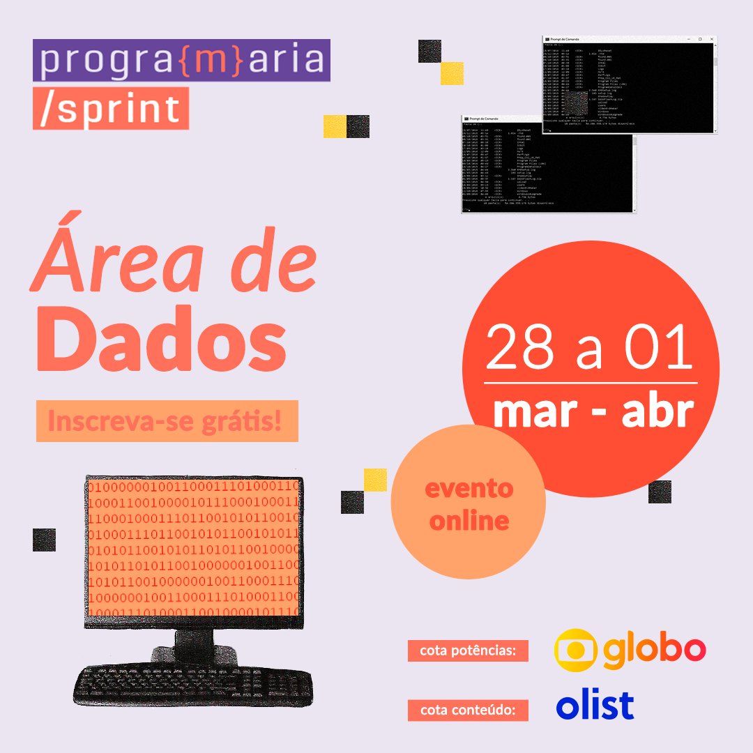 programaria's tweet photo. A PrograMaria lançou mais uma edição da Sprint com um super assunto: dados. Somos uma sociedade hiperconectada em que processamos bilhões. Pensando nisso a #PrograMariaSprint trará lives, textos e atividades para aumentar seu repertório!

Inscreva-se: https://t.co/oOVsfbKsJ7 https://t.co/H1zcbJi6OS