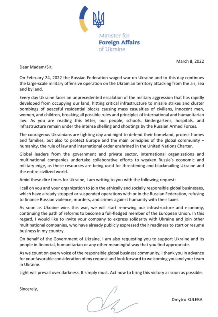Ukraine requests the ethically and socially responsible global businesses to stop or suspend operations with or in Russia, therefore refusing to finance its violence, murders, and crimes against humanity. Please read and share my full appeal to global business community below.