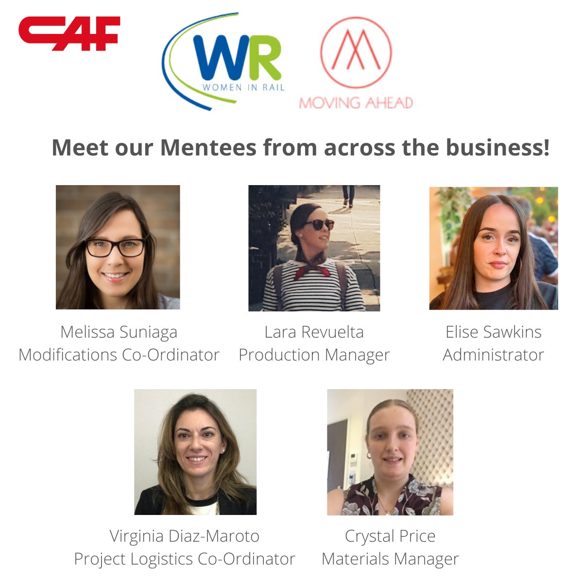CafRail's tweet photo. Happy International Women’s Day! We are taking part in Women in Rail’s cross-industry mentoring scheme in collaboration with Moving Ahead! Meet our Mentees from across the business below!  #IWD2022 #breakthebias #diversityandinclusion #internationalwomensday #womeninrail https://t.co/HBr5kDg55T