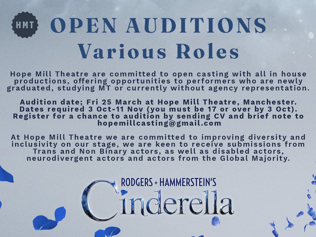 ✨ We'll be holding open auditions for Cinderella here in Manchester this month! 
Check out the information below and get in touch for your chance to be in the most magical of musicals! 
Casting by <a href="/JaneDeitch/">Jane Deitch</a>
#AnythingIsPossible