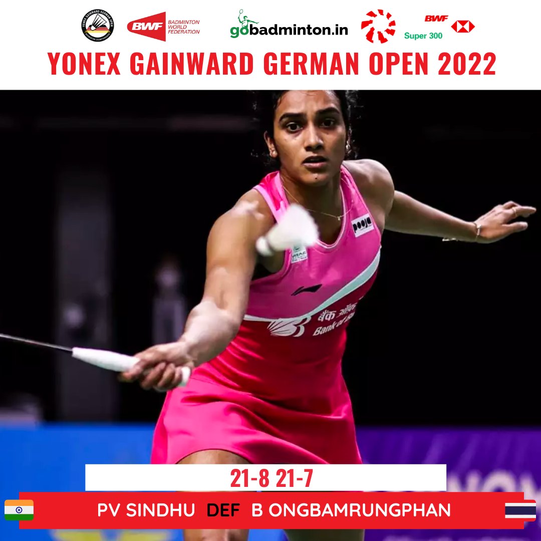 gobadminton's tweet photo. #GermanOpenSuper300 

@Pvsindhu1 powers through the opening rd encounter against B Ongbamrungpah of Thailand. Hardly gave her opponent a look in, did the Indian superstar.

21-8 21-7

#IndianBadminton #GermanOpen2022 https://t.co/95F0Kiablk