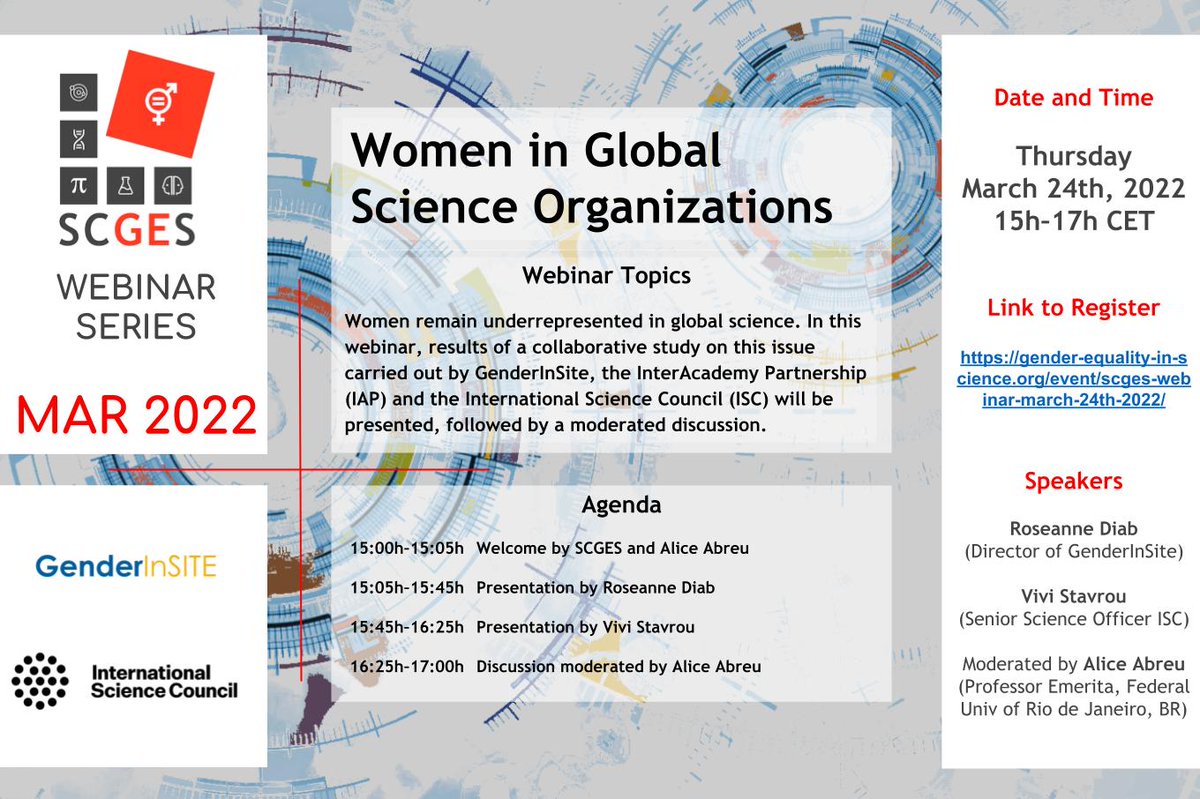 ISC's tweet photo. 💬 Women continue to remain underrepresented in global science.

🔎 Discuss this and the results of the collaborative study, “Gender Equality in Science: Inclusion and Participation of Women in Global Science Organizations”.

🗓 March 24

Register 👇
https://t.co/QeMVHRHuij https://t.co/WSnR2fW8go