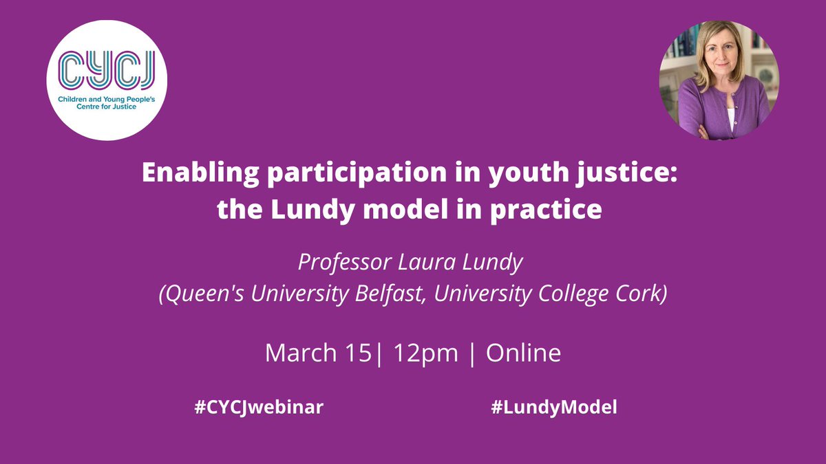 CYCJScotland's tweet photo. Today we're looking forward to hearing from @ProfLauraLundy about the #LundyModel and #participation in youth justice. If you have signed up, you should have received an email. If not, or if you wish to attend, please email cycj@strath.ac.uk #CYCJwebinar https://t.co/Duinyu8coj