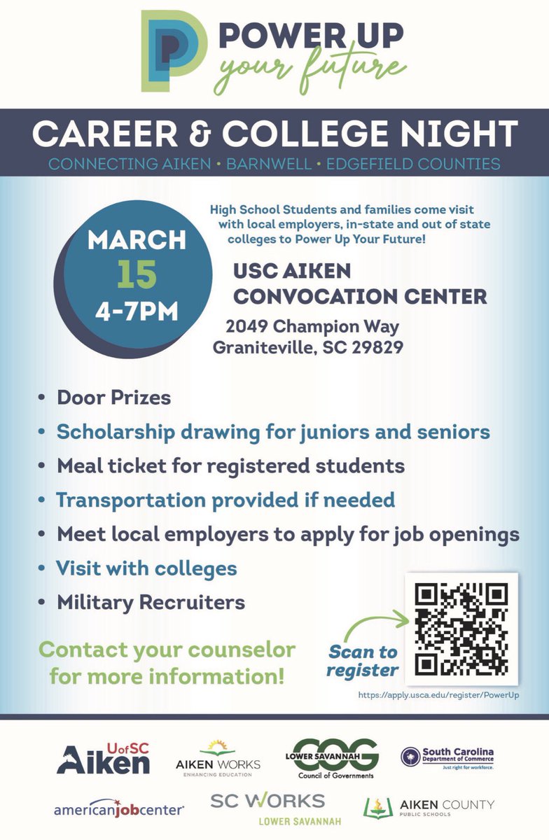 Career &amp; College Night is NEXT Tuesday - ONE WEEK FROM TODAY! Students pre-register at apply.usca.edu/register/Power… 💪 <a href="/NorthAugustaHS/">North Augusta HS</a> <a href="/MidlandValleyHS/">Midland Valley High School</a> <a href="/SilverBluffHigh/">Silver Bluff High</a> <a href="/rsmhs_trojans/">Ridge Spring-Monetta Middle/High School</a> <a href="/WSHSWarEagles/">Wagener-Salley HS</a> <a href="/SouthAiken/">South Aiken High School</a> <a href="/aikenhighschool/">Aiken High School</a> <a href="/AikenScholars/">Aiken Scholars Academy</a> <a href="/AikenPublicSch/">AikenCoPublicSchools</a>