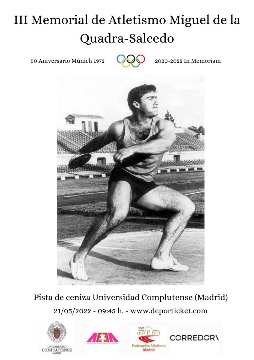 AtletismoMadrid's tweet photo. Vuelve el Memorial de Atletismo Miguel de la Quadra-Salcedo.
Vuelve el 21 de mayo y será, como siempre, en la pista de ceniza de la @unicomplutense 
Puedes consultar el reglamento en: https://t.co/UG1dNbwHsi https://t.co/ZR0Cem8l1D
