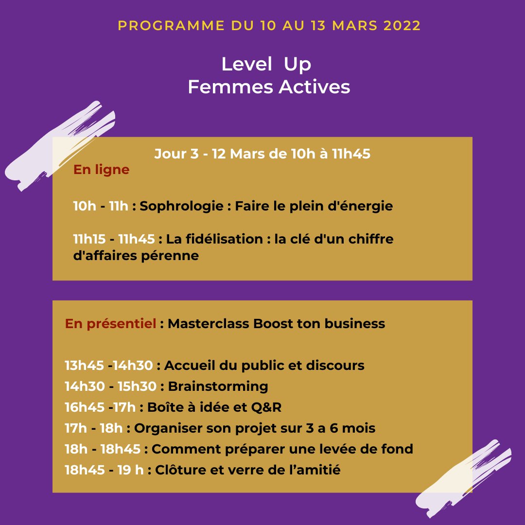 Levelupfemmes's tweet photo. Programme jour 3 🔥

Comme vous le savez, cette édition est particulière, car nous aurons pour la première fois, l'occasion de se rencontrer face-à-face.🤩

On vous dévoile le programme du samedi 12 mars.🥰

#communicationdigitale #mumpreneure #seformer #femmedambition https://t.co/d0Gg17aIaJ