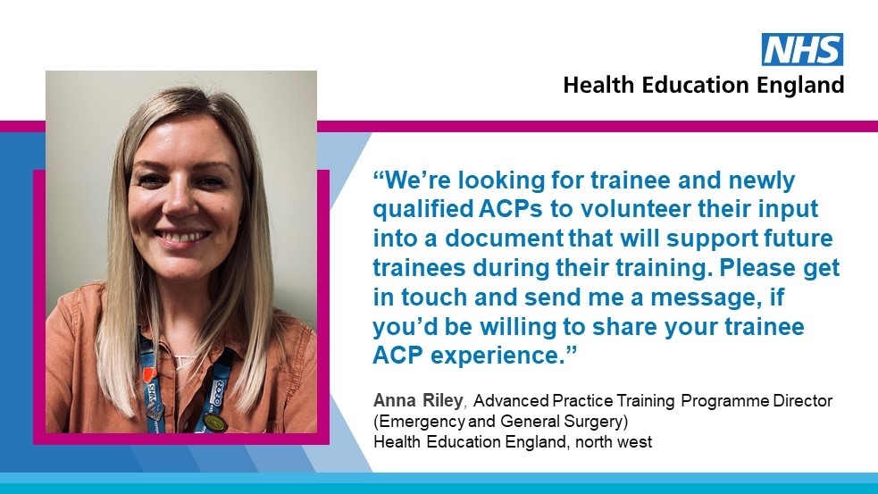 NHSHEE_NWest's tweet photo. 🚨 *Calling all trainee and newly qualified ACPs!* 🚨 Please get in touch via DM or email with @annarileyflash , one of our regional Faculty for Advancing Practice Training Programme Directors, if you would like to support this important piece of work. #ACP #AdvancedPractice #NHS https://t.co/B6GTcOc6yX