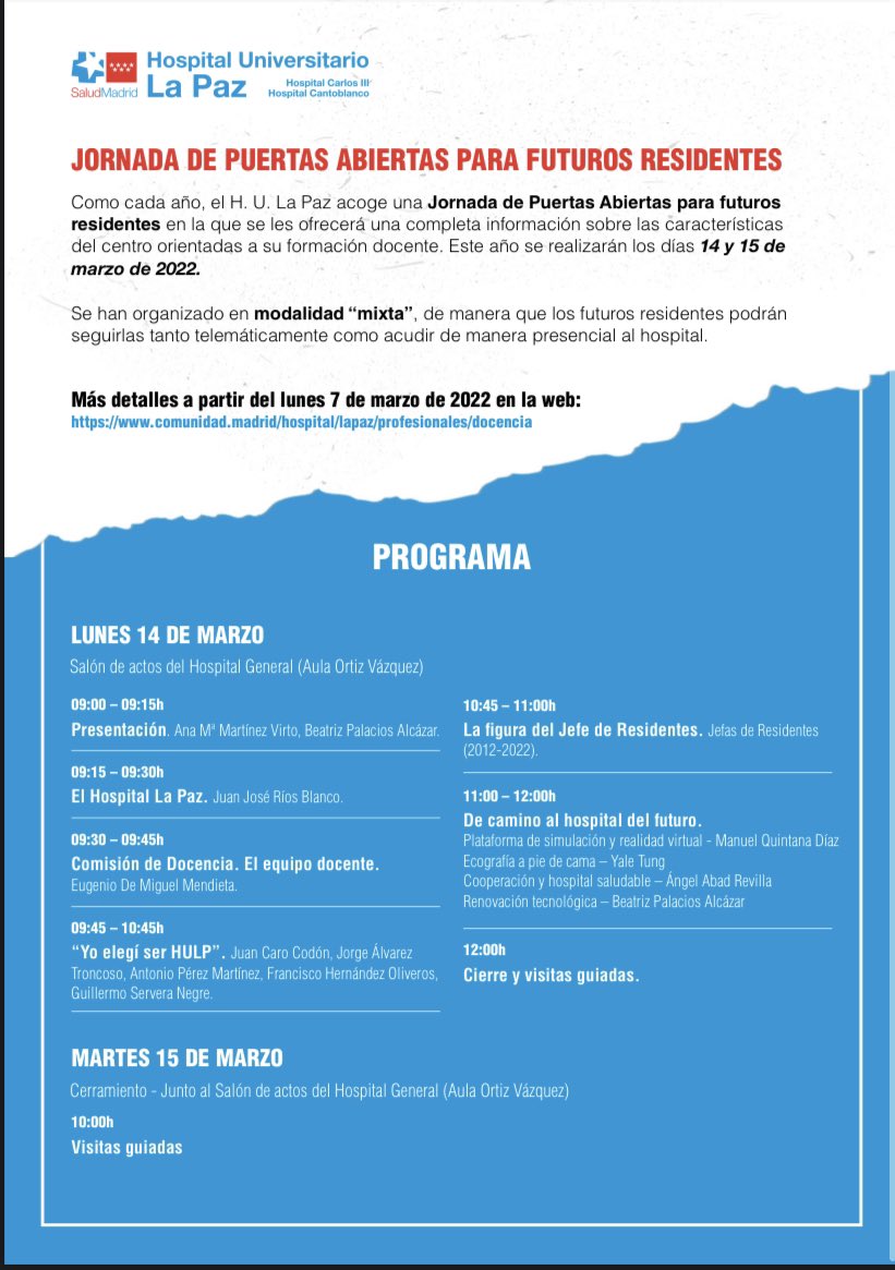 andreagar42's tweet photo. Jornadas puertas abiertas Hospital La Paz  🤗🥳

14 y 15 marzo, tanto online como presencial !! 

Os esperamos ! #yosoyHULP #quieresserHULP? 

@jefaresishulp https://t.co/qOQT4Jzjjr