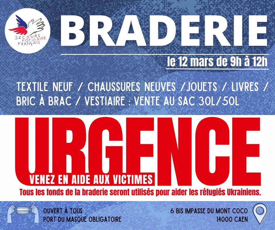 CaenOfficiel's tweet photo. #SolidaritéUkraine 🇺🇦 Samedi, de 9h à 12h, le @SecoursPop du Calvados organise une braderie à #Caen pour venir en aide aux réfugiés Ukrainiens. + d'infos 👉 https://t.co/zDVDElE7id. https://t.co/6JPRwbJ7q4