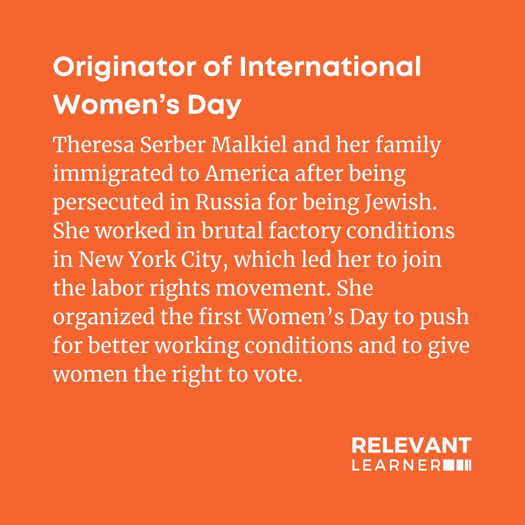 relevantlearner's tweet image. Theresa Serber Malkiel, a Jewish Russian immigrant, leads the first Women’s Day in 1909. #InternationalWomensDay #womenshistorymonth #herstory #relevantlearner #culturallyresponsive #culturallyresponsiveteaching #culturallyrelevant #culturallyrelevantpedagogy #inclusiveeducation