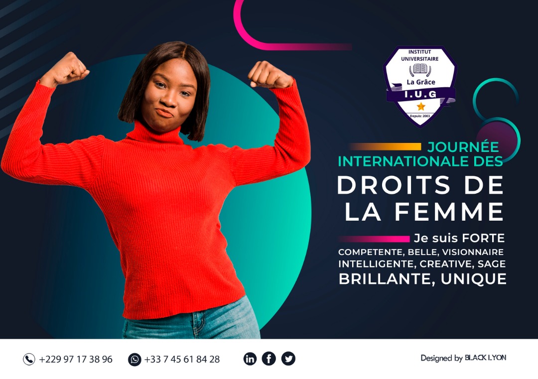 IUG229's tweet photo. Bonne journée internationale des droits de la femme 

#8march #formation #benin #cotonou #institutuniversitairelagrace https://t.co/AV8eVLbkuX