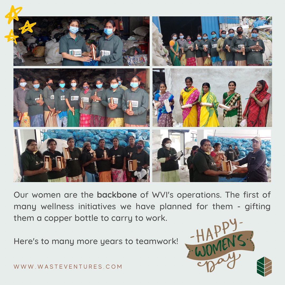 WasteVentures's tweet photo. Our women are the backbone of WVI's operations. The first of many wellness initiatives we have planned for them - gifting them a copper bottle to carry to work. 

Here's to many more years to teamwork!

#happywomensday #strongwomen #celebratewomen https://t.co/OVH3tDi6XL