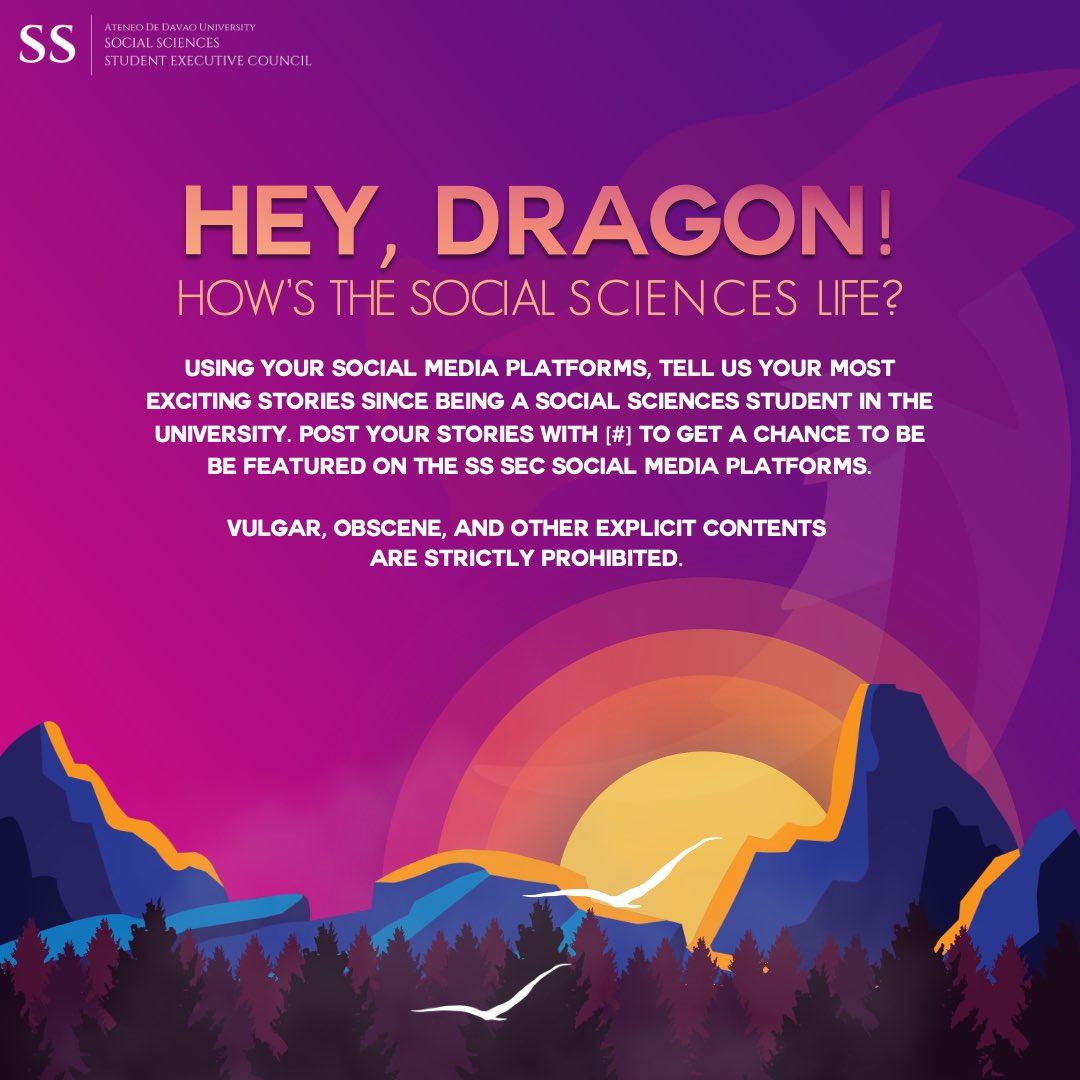 ADDU_SS's tweet photo. Hey, Dragon! How’s the Social Sciences Life? 🤩
Tell us your stories and tweet us with the #DragonsTale. Join now or miss out on winning awesome prizes!
Tweet away, Dragons!
#SoaringThroughSummits 🐉🏔 https://t.co/CFBBfHqr0L