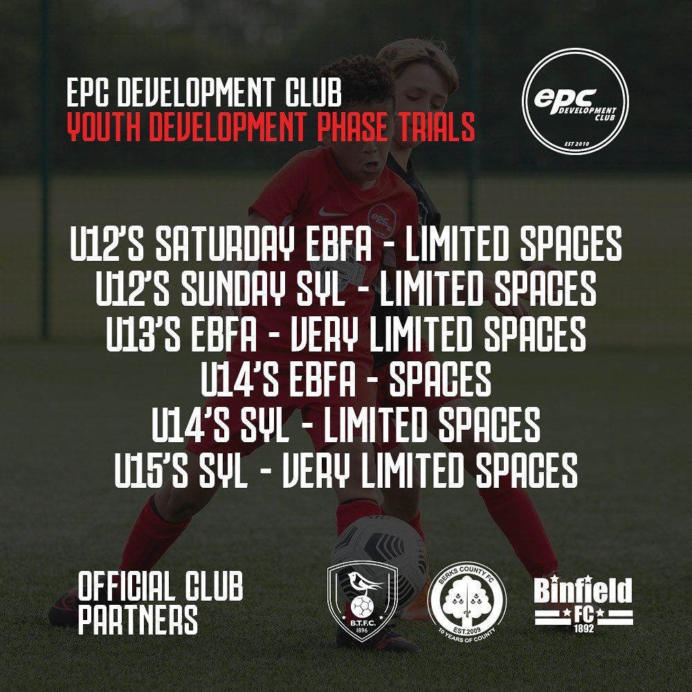 EPCDev's tweet photo. CLUB TRIALS | As the 2021/22 season comes to a close our club is now looking ahead for the 2022/23 season. 

EPC Development Club are now running open trials for anyone interested in joining our journey. 

📧 lee@e-p-c.co.uk &amp; 📲 DM. 

 #joinourjourney #developthroughplay https://t.co/lsJAAihZSt